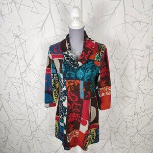 Funsport Colorful Artsy Patchwork Print Stretch Knit Cowl Neck Tunic Dress